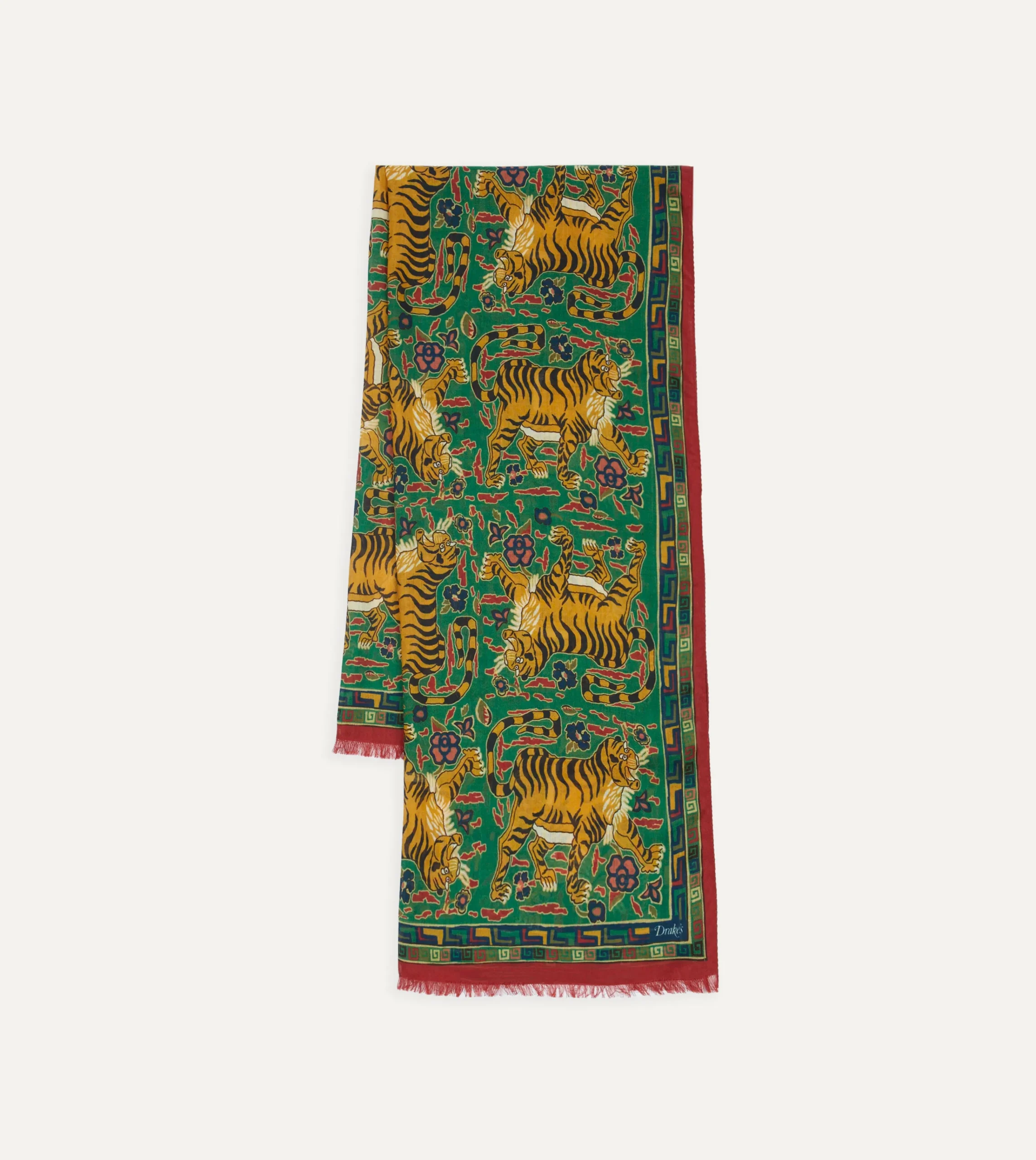 Drake’s Green Jumbo Tiger Print Wool-Silk Scarf