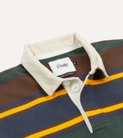 Drake’s Green, Navy And Gold Stripe Cotton Rugby Shirt