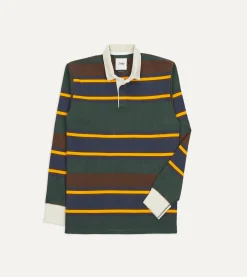 Drake’s Green, Navy And Gold Stripe Cotton Rugby Shirt