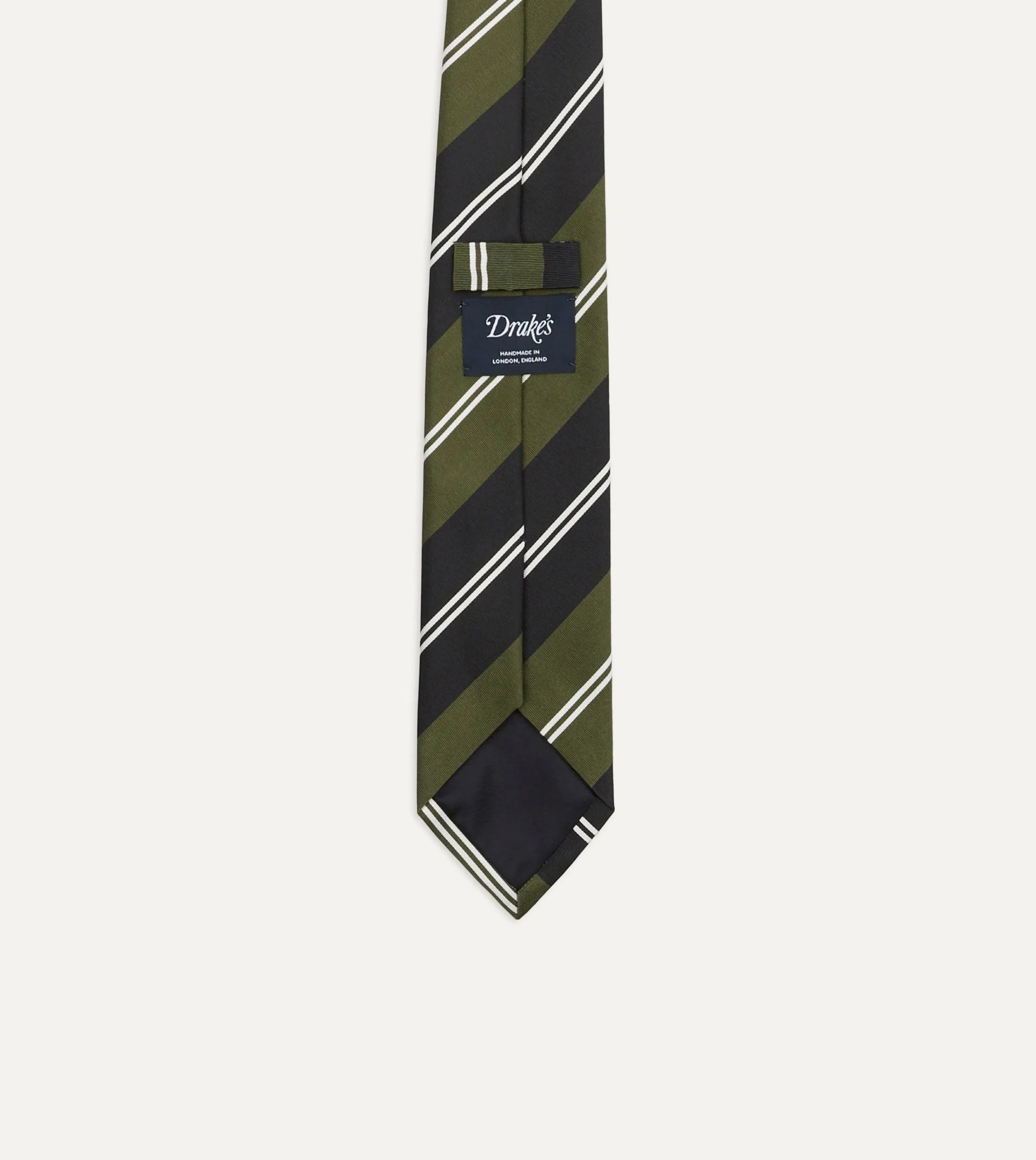 Drake’s Green, Navy And White Regimental Stripe Mogador Tipped Tie