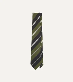 Drake’s Green, Navy And White Regimental Stripe Mogador Tipped Tie