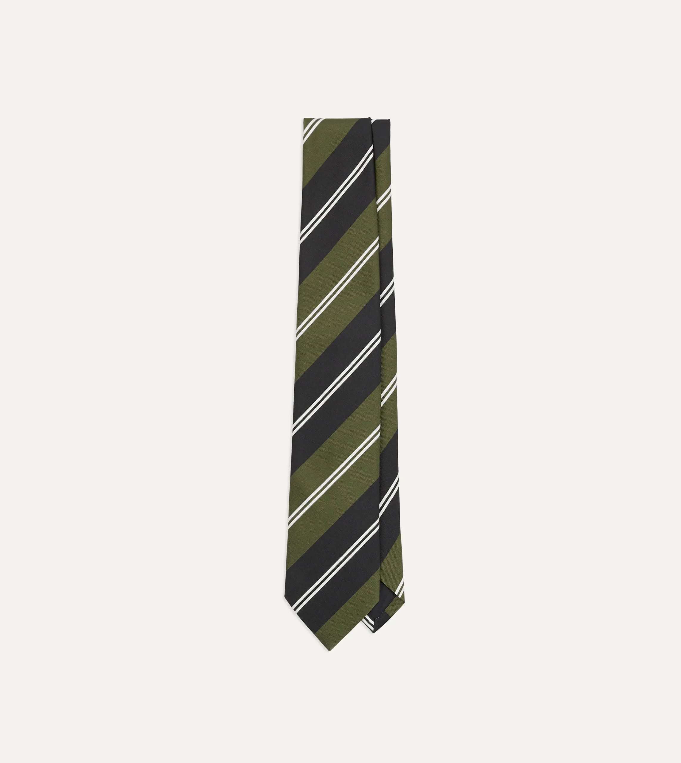 Drake’s Green, Navy And White Regimental Stripe Mogador Tipped Tie