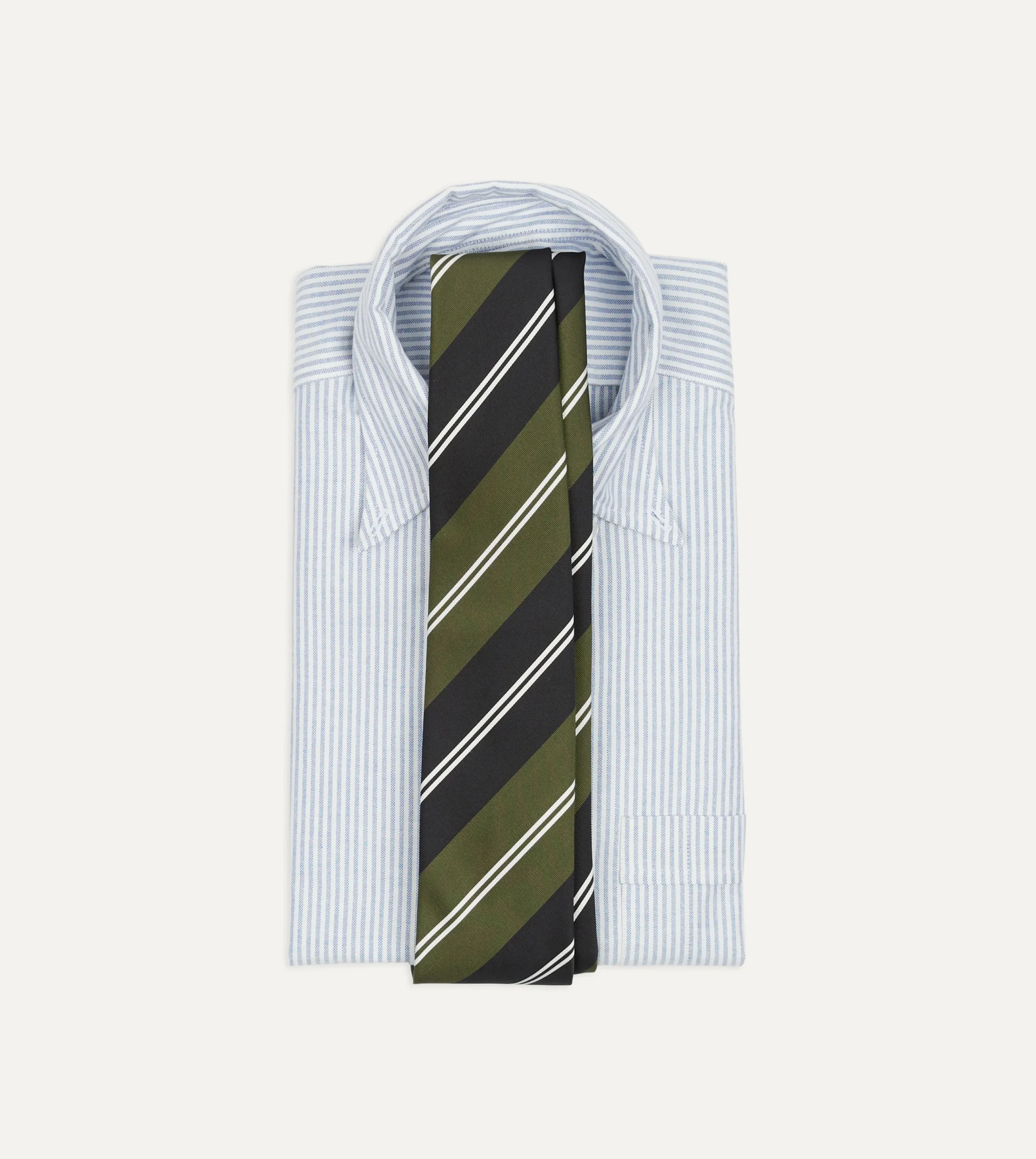 Drake’s Green, Navy And White Regimental Stripe Mogador Tipped Tie