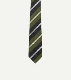 Drake’s Green, Navy And White Regimental Stripe Mogador Tipped Tie