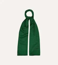 Drake’s Green Polka Dot Print Tubular Silk Tasselled Scarf