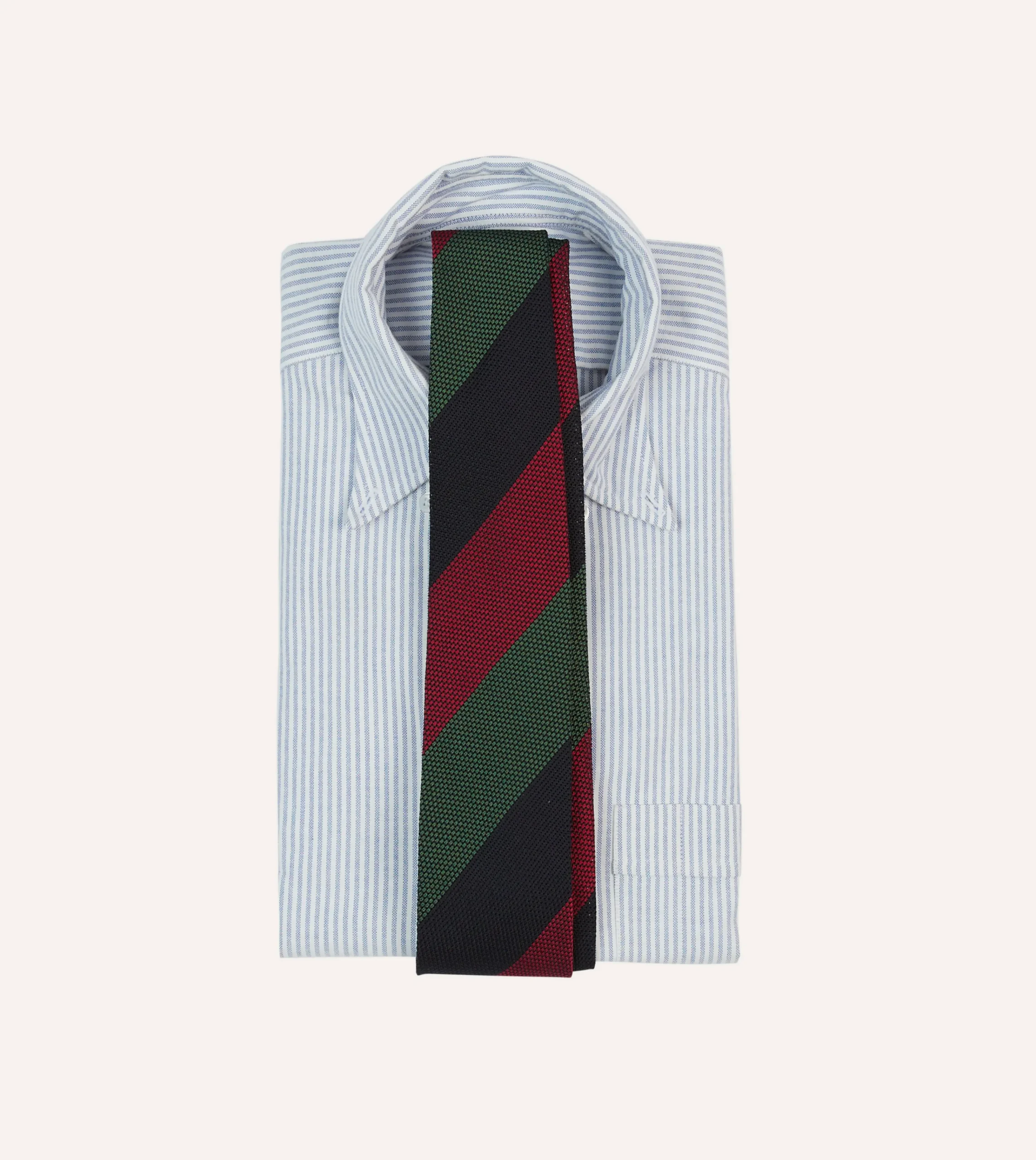 Drake’s Green, Red And Navy Wide Stripe Hand Rolled Silk Grenadine Tie