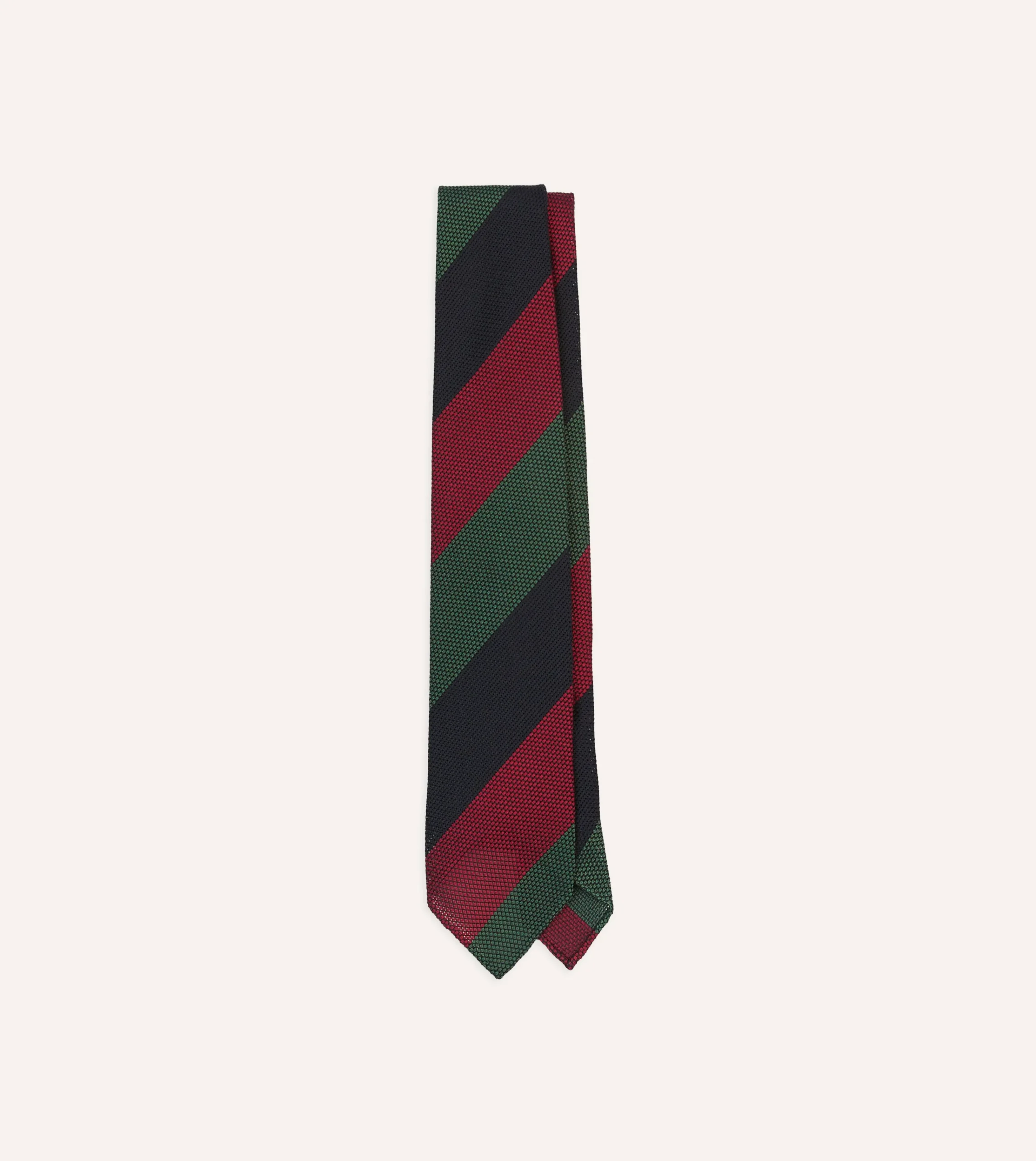 Drake’s Green, Red And Navy Wide Stripe Hand Rolled Silk Grenadine Tie