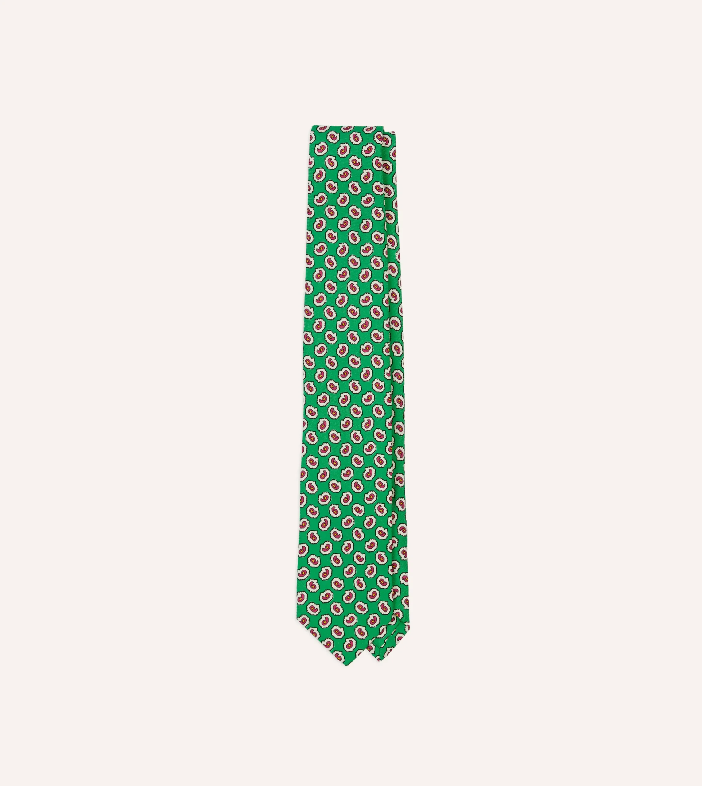 Drake’s Small Paisley Leaf Print Silk Self Tipped Tie