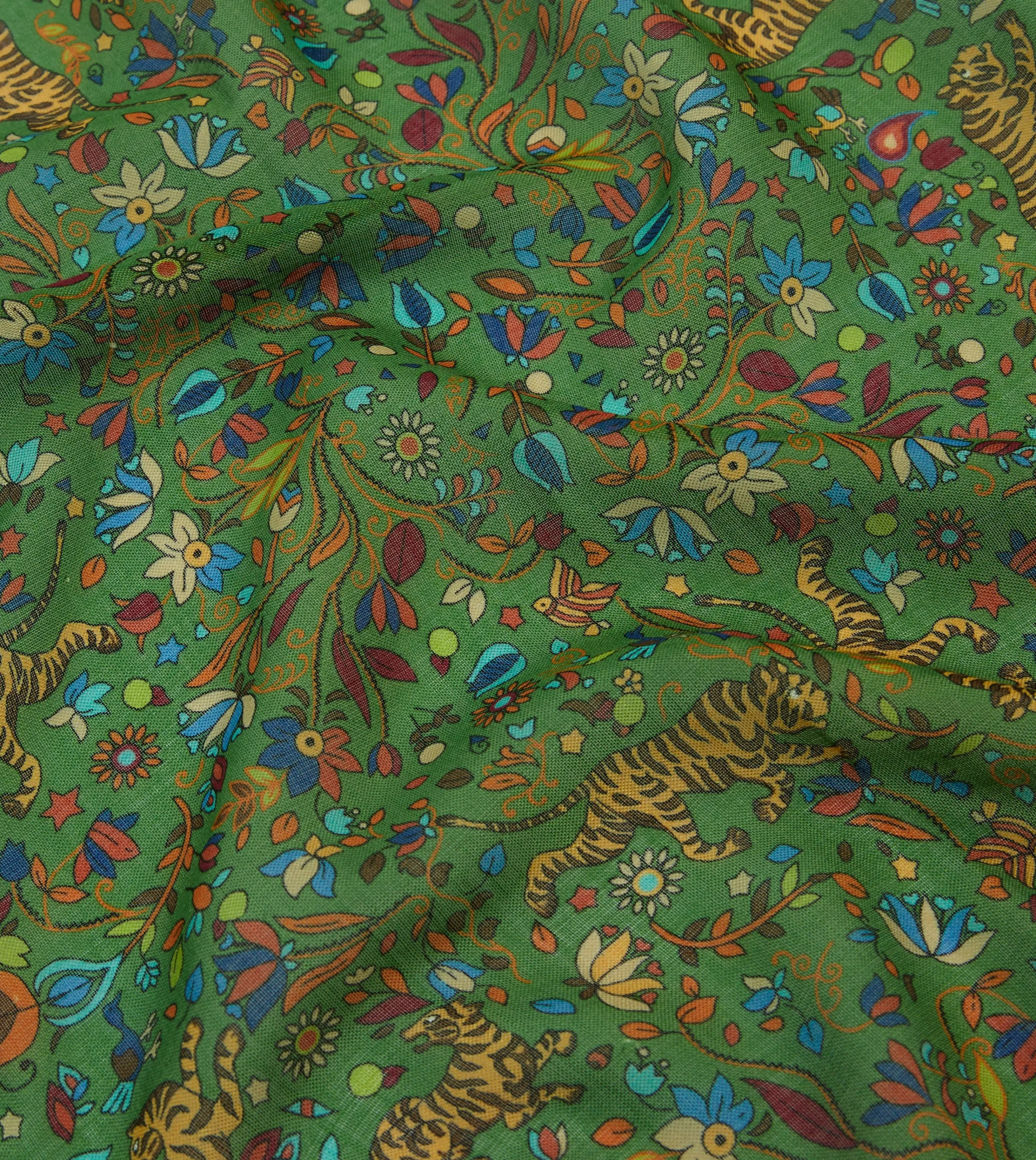 Drake’s Green Summer Tigers Print Wool-Silk Square Scarf