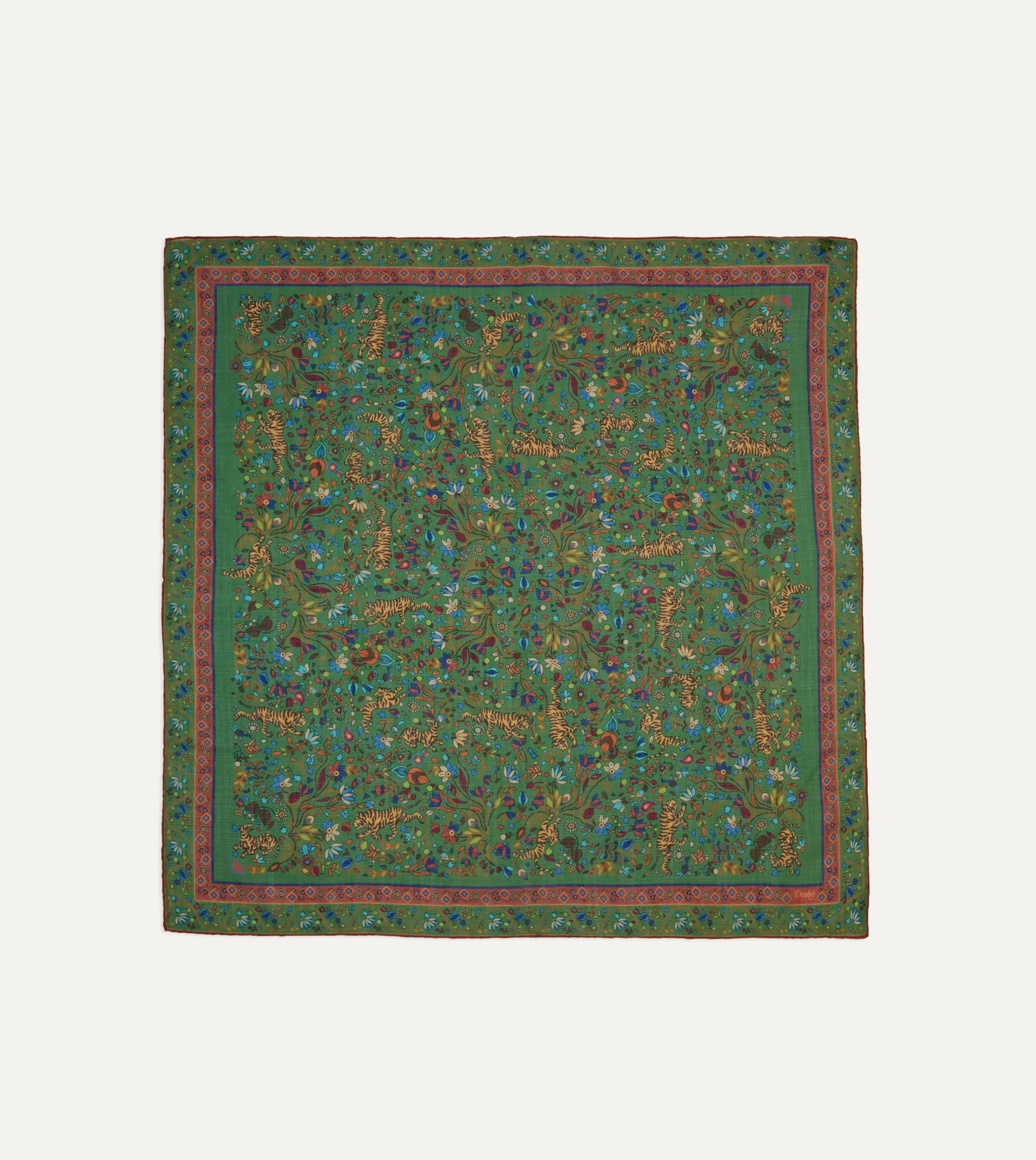 Drake’s Green Summer Tigers Print Wool-Silk Square Scarf