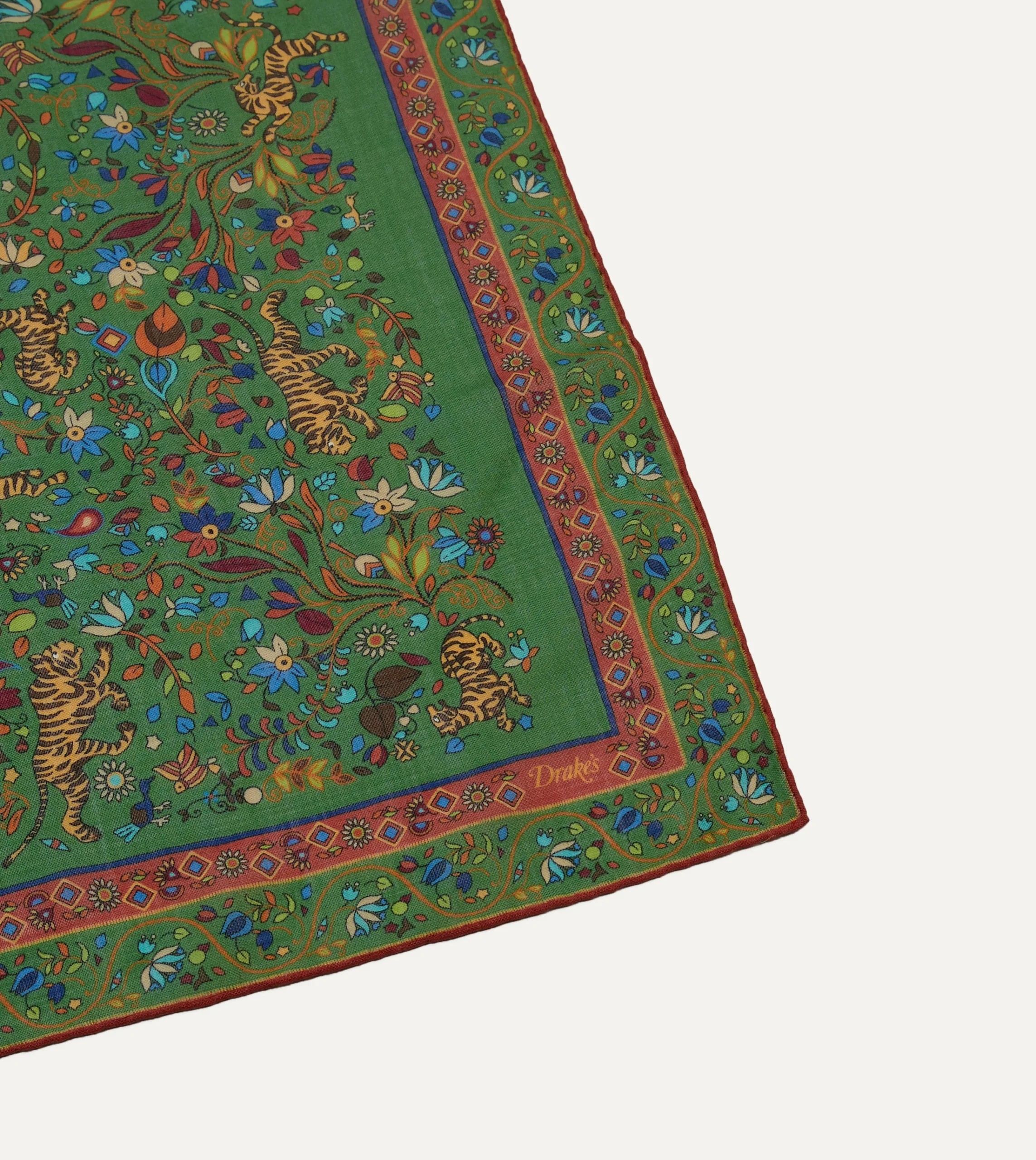 Drake’s Green Summer Tigers Print Wool-Silk Square Scarf