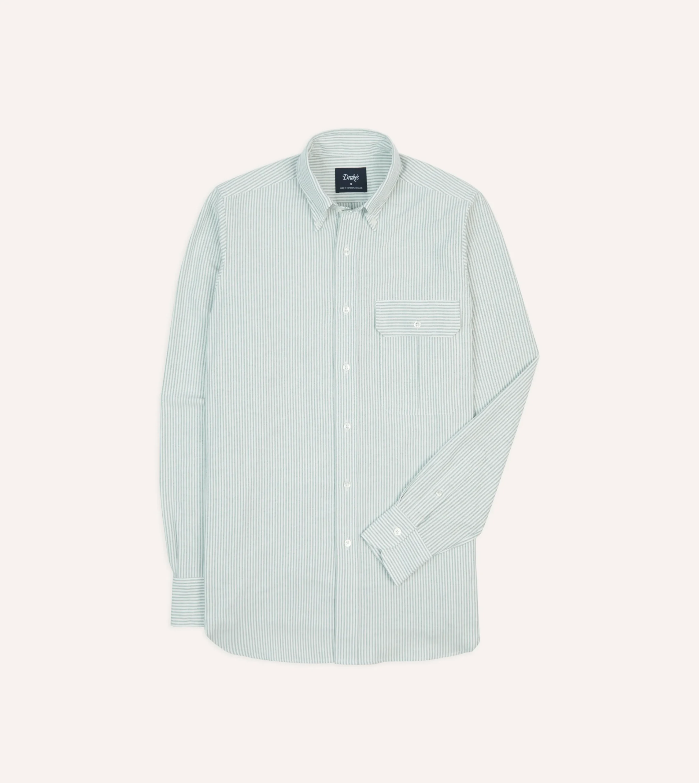 Drake’s Green Ticking Stripe Cotton Oxford Cloth Pocket Button-Down Shirt
