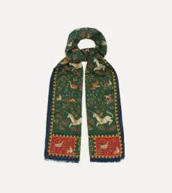 Drake’s Green Unicorn Print Wool-Silk Scarf