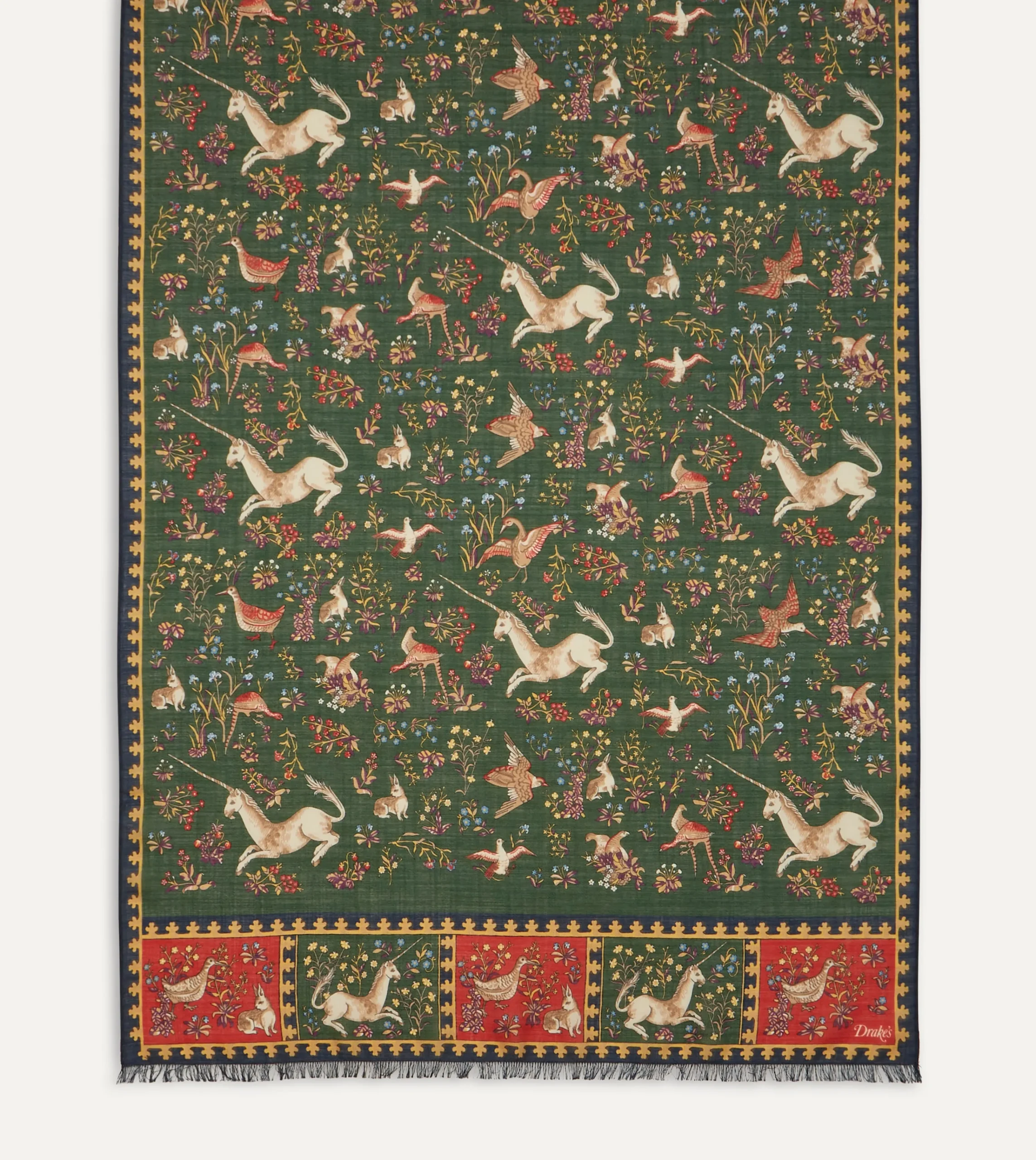 Drake’s Green Unicorn Print Wool-Silk Scarf