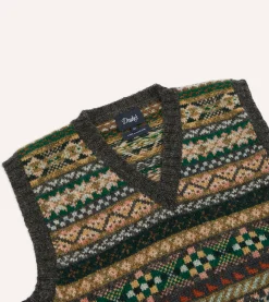 Drake’s Grey Fair Isle Lambswool Sleeveless V-Neck Jumper