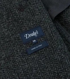 Drake’s Grey Herringbone Wool Double-Breasted Raglan Coat