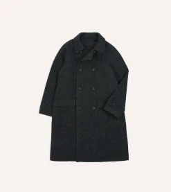 Drake’s Grey Herringbone Wool Double-Breasted Raglan Coat