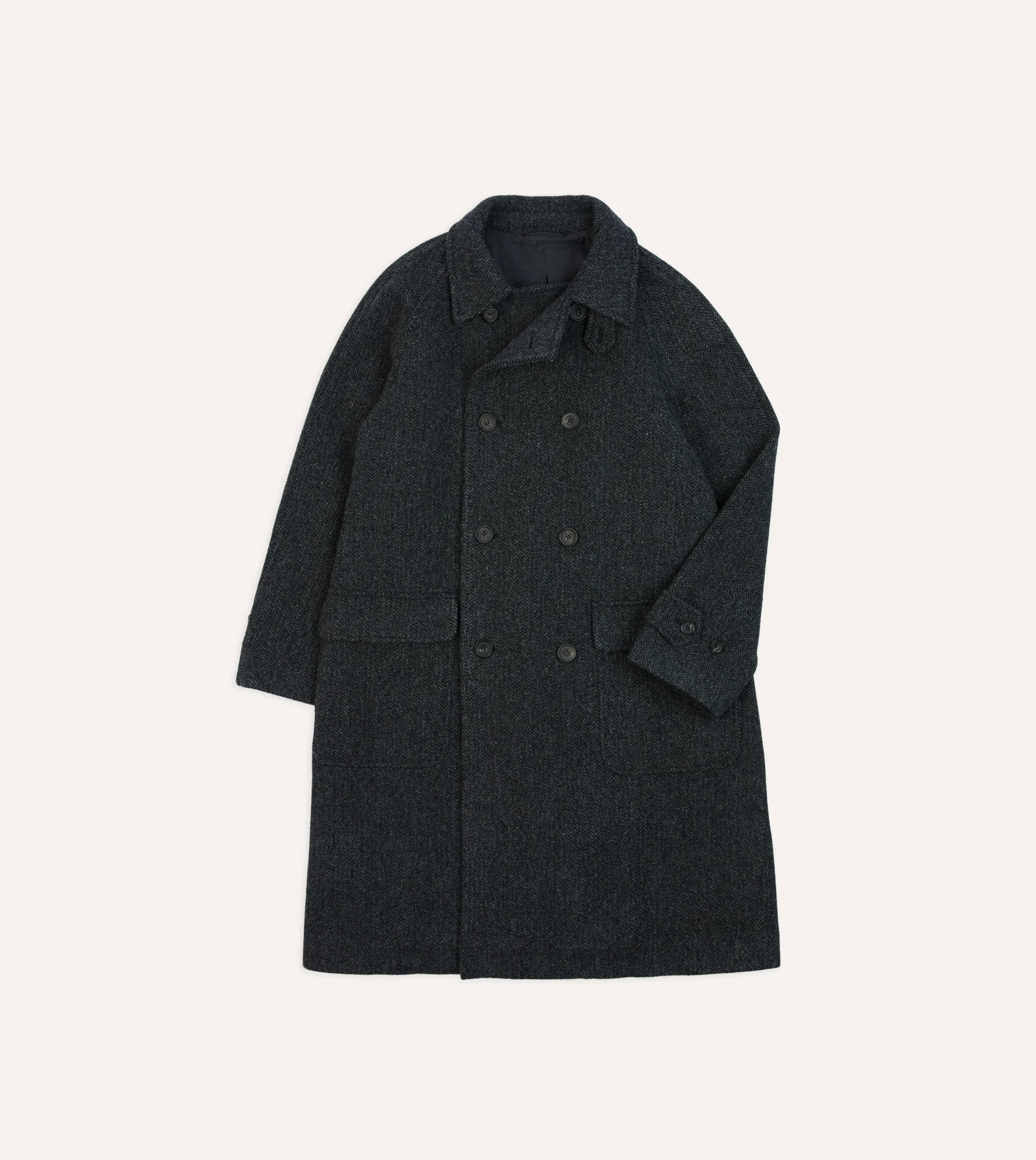 Drake’s Grey Herringbone Wool Double-Breasted Raglan Coat
