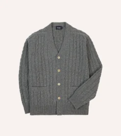 Drake’s Grey Lambswool 6 Button Cable Knit Cardigan