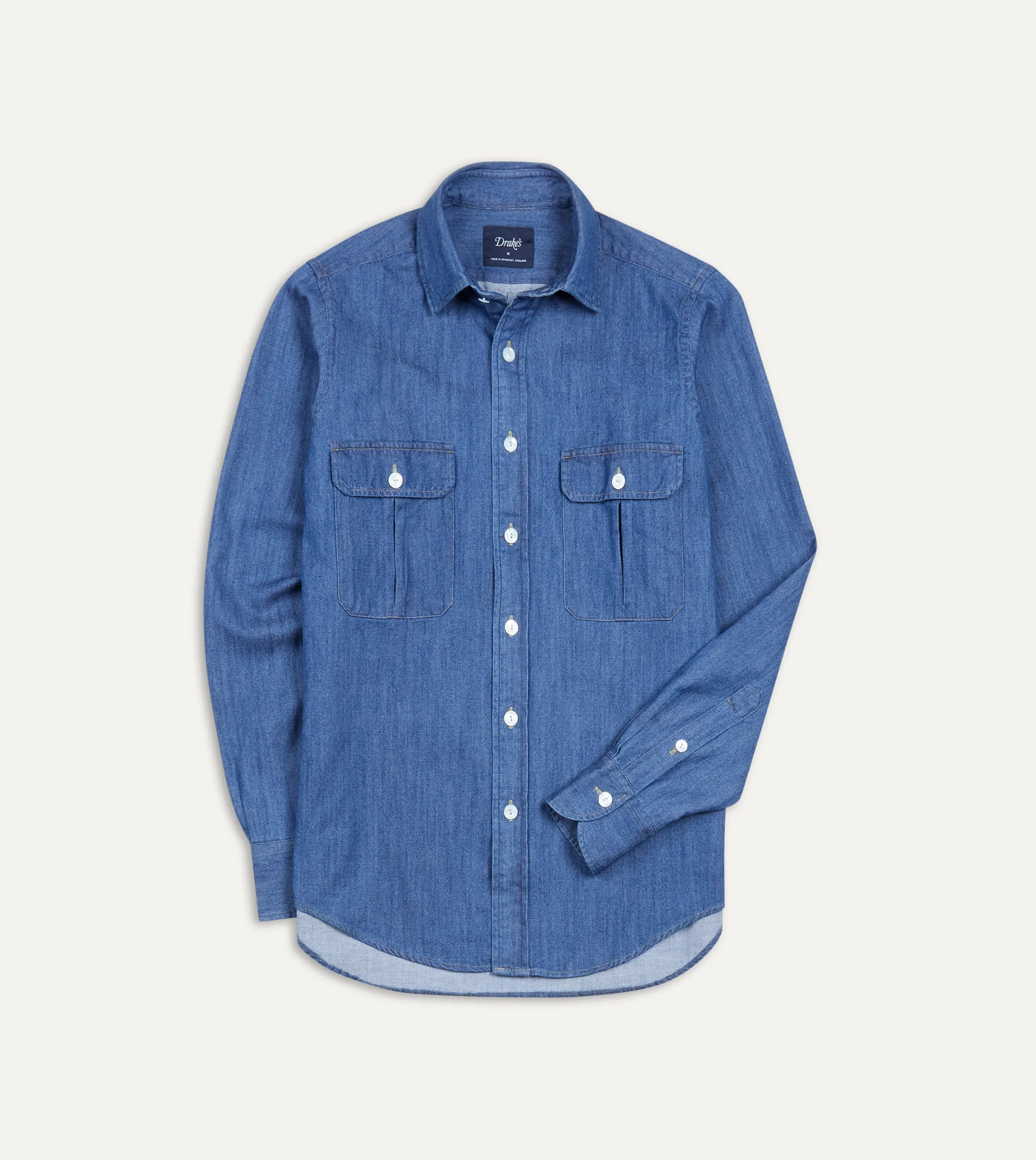 Drake’s Mid-Blue Washed Denim Cotton Two-Pocket Work Shirt