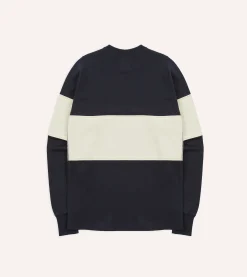 Drake’s Navy And Ecru Panel Stripe Heavy Cotton Crew Neck Hiking T-Shirt