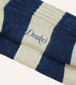 Drake’s Navy And Ecru Striped Donegal Wool Socks