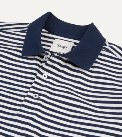 Drake’s Navy And Ecru Stripe Knitted Jersey Cotton Long-Sleeve Polo Shirt