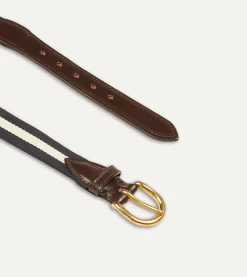 Drake’s Navy And Ecru Stripe Webbing And Leather Belt With Brass Buckle