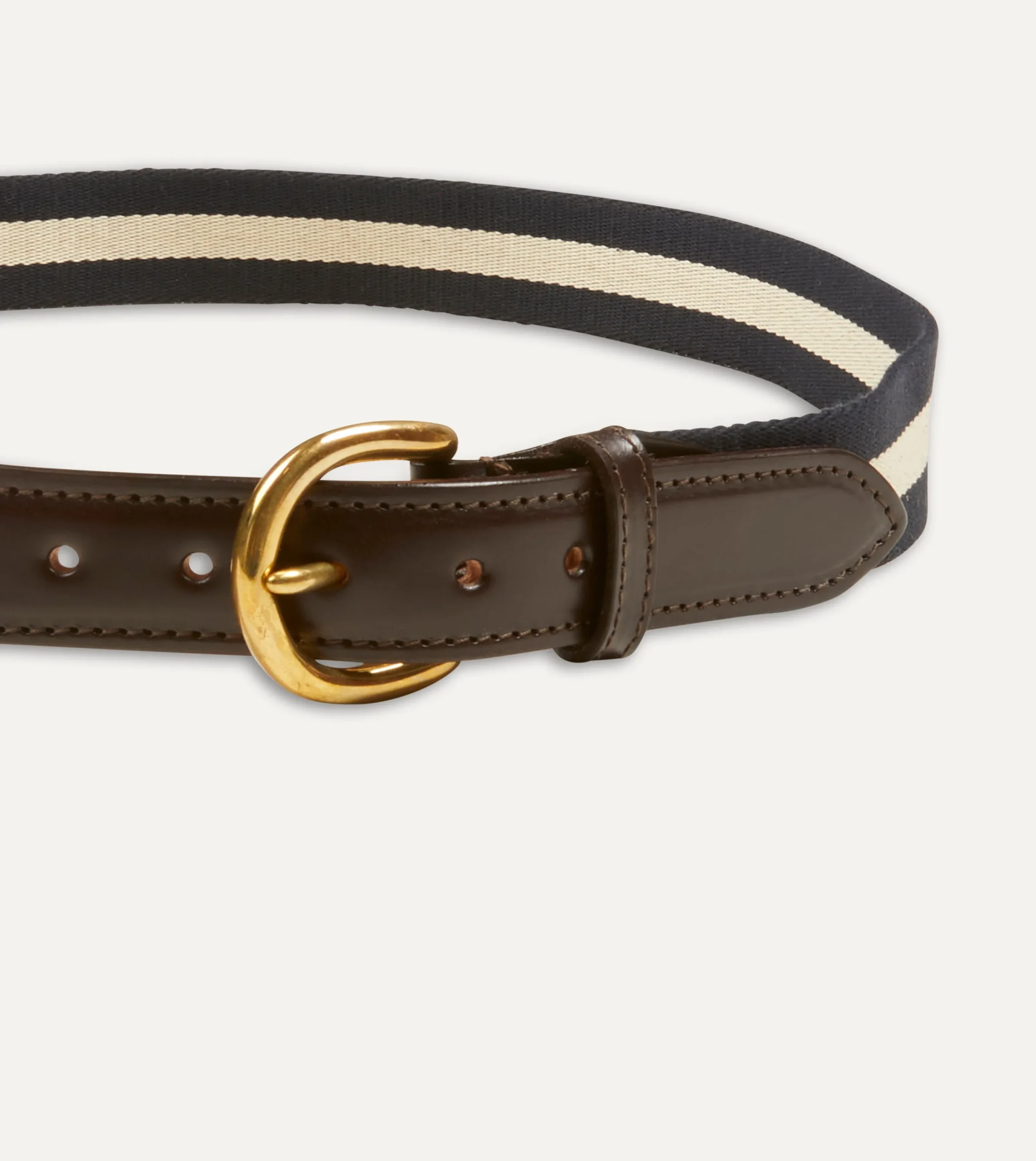 Drake’s Navy And Ecru Stripe Webbing And Leather Belt With Brass Buckle