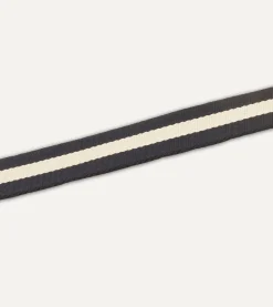 Drake’s Navy And Ecru Stripe Webbing And Leather Belt With Brass Buckle
