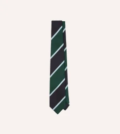 Drake’s Navy And Green Broad Stripe Mogador Silk Tipped Tie