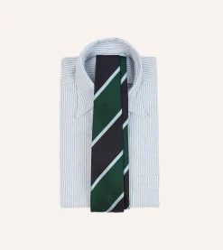 Drake’s Navy And Green Broad Stripe Mogador Silk Tipped Tie