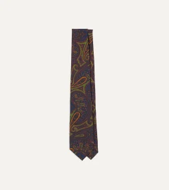 Drake’s Navy And Green Large Paisley Print Madder Silk Self Tipped Tie