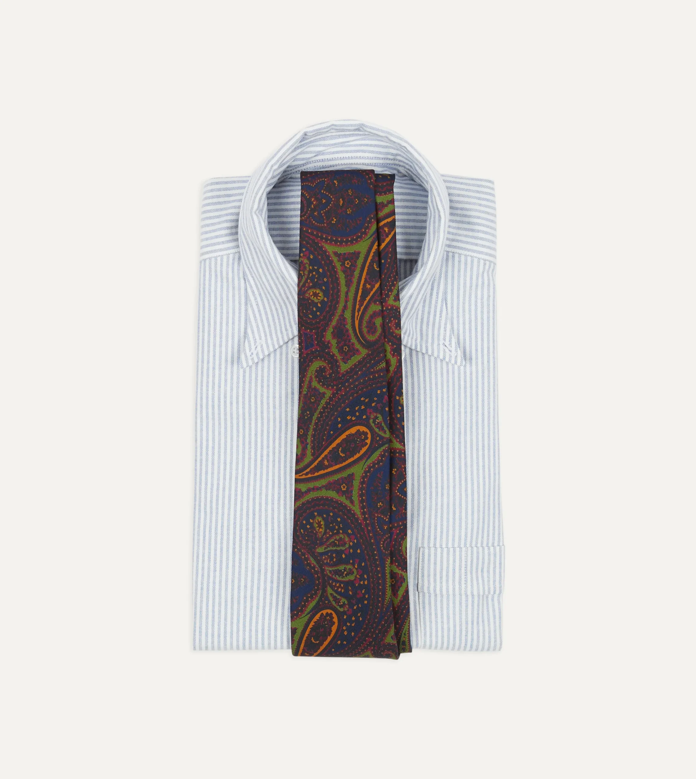 Drake’s Navy And Green Large Paisley Print Madder Silk Self Tipped Tie