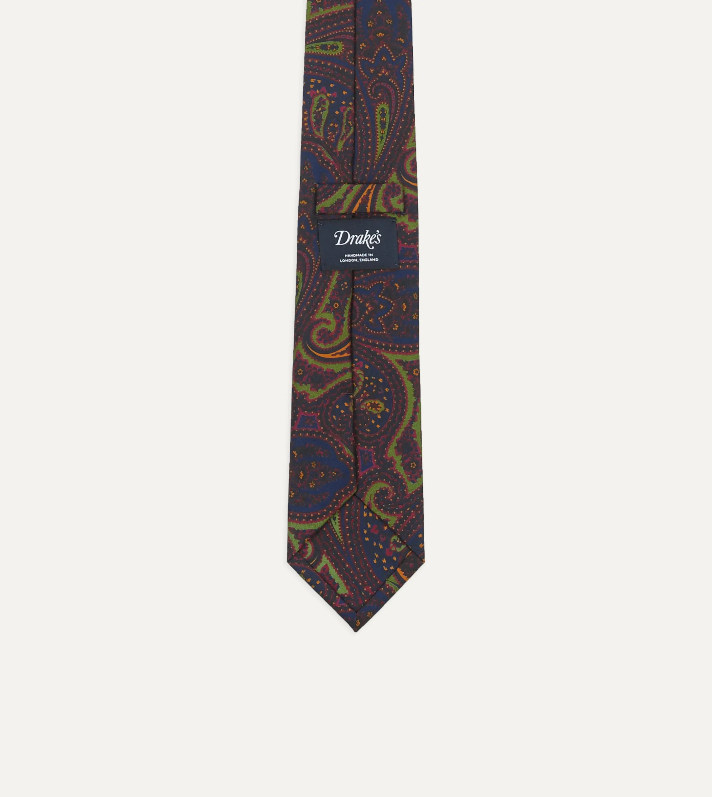 Drake’s Navy And Green Large Paisley Print Madder Silk Self Tipped Tie