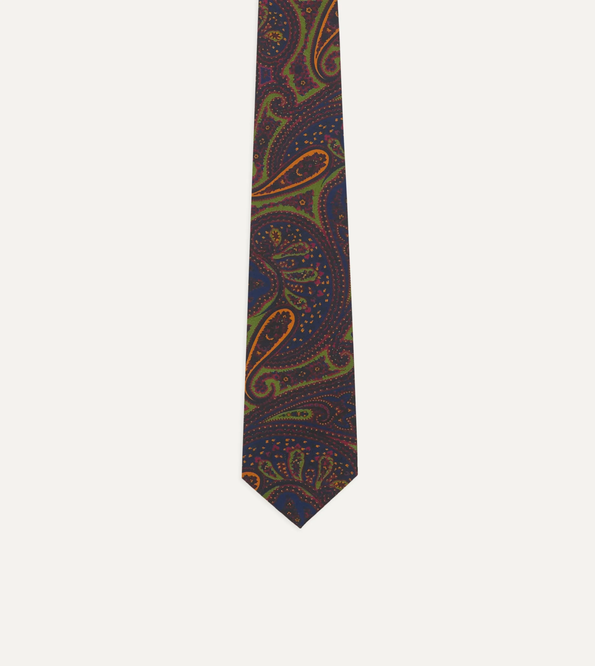 Drake’s Navy And Green Large Paisley Print Madder Silk Self Tipped Tie