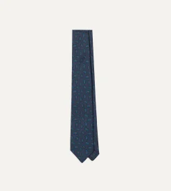 Drake’s Navy And Green Paisley Leaf Print Silk Self-Tipped Tie