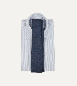 Drake’s Navy And Green Paisley Leaf Print Silk Self-Tipped Tie