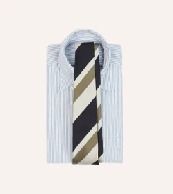 Drake’s Navy And Olive Broad Stripe Silk Tipped Tie