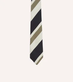 Drake’s Navy And Olive Broad Stripe Silk Tipped Tie