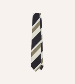 Drake’s Navy And Olive Broad Stripe Silk Tipped Tie