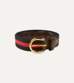 Drake’s Navy And Red Stripe Webbing And Leather Belt With Brass Buckle