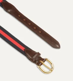 Drake’s Navy And Red Stripe Webbing And Leather Belt With Brass Buckle