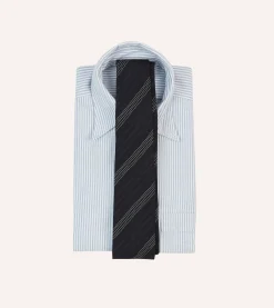 Drake’s Navy And White Dashed Stripe Hand Rolled Silk Grenadine Tie