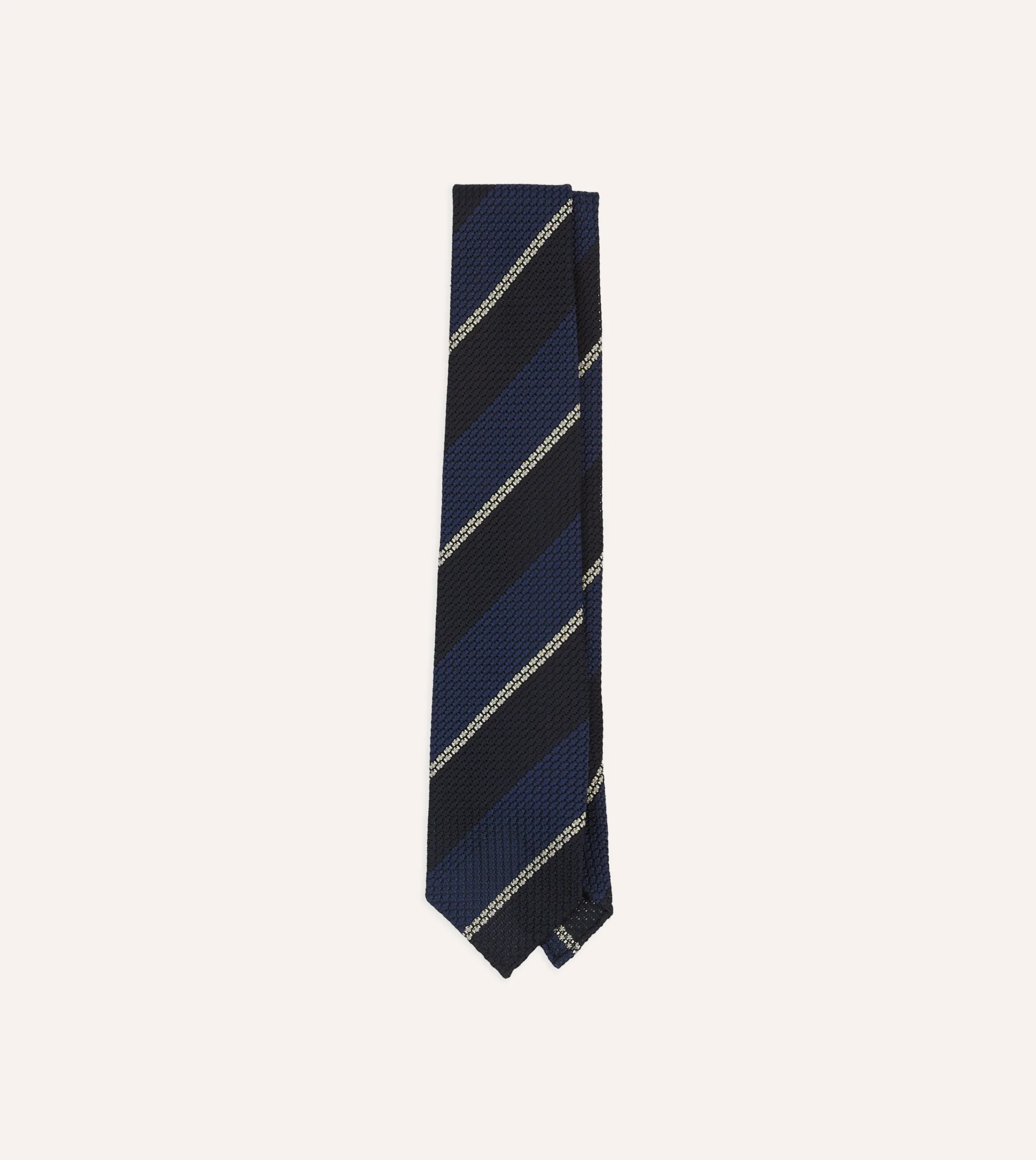 Drake’s Navy And White Multi Stripe Hand Rolled Silk Grenadine Tie