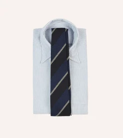 Drake’s Navy And White Multi Stripe Hand Rolled Silk Grenadine Tie