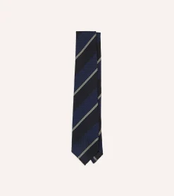 Drake’s Navy And White Multi Stripe Hand Rolled Silk Grenadine Tie