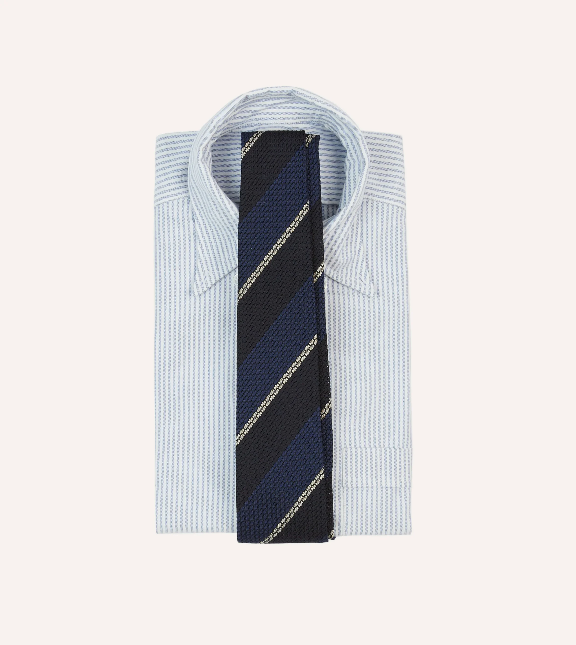 Drake’s Navy And White Multi Stripe Hand Rolled Silk Grenadine Tie