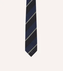 Drake’s Navy And White Multi Stripe Hand Rolled Silk Grenadine Tie