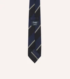Drake’s Navy And White Multi Stripe Hand Rolled Silk Grenadine Tie